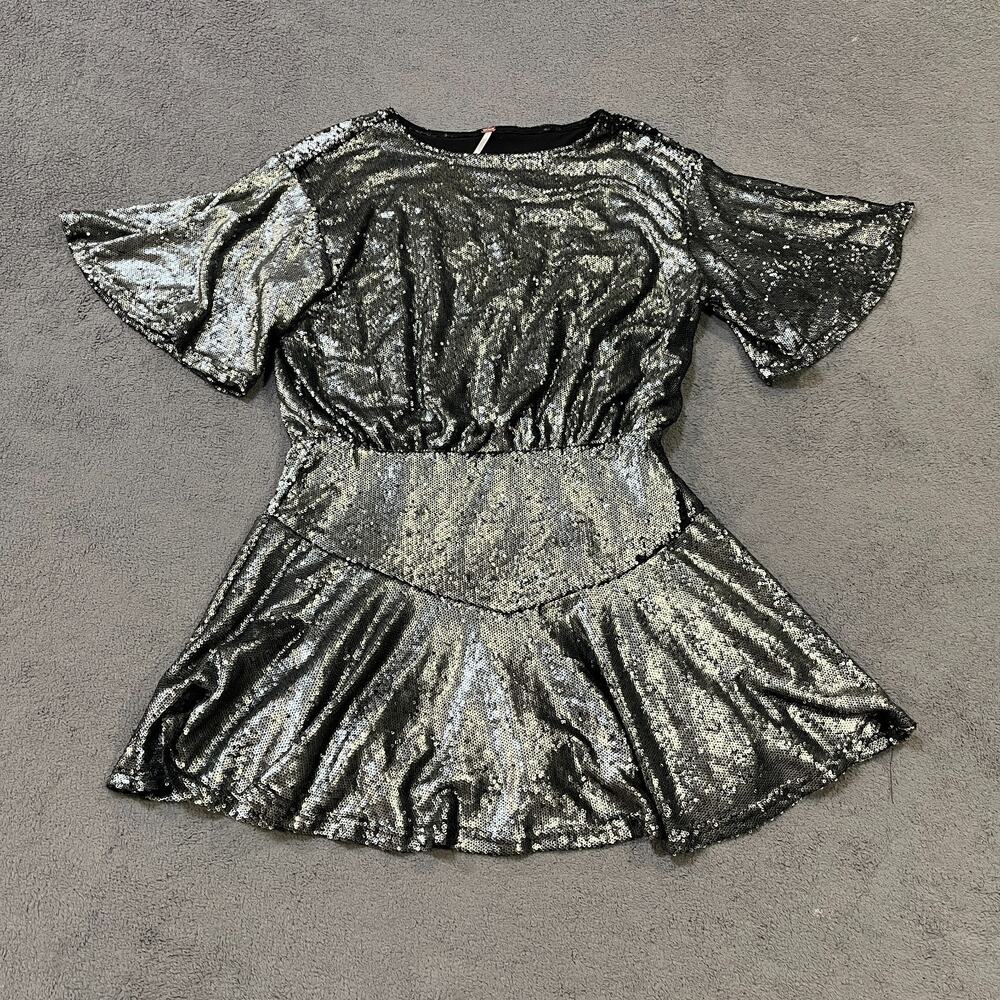 Free People Silver Black Sequin Mini Dress Flutter Sleeve Party Women's Size M